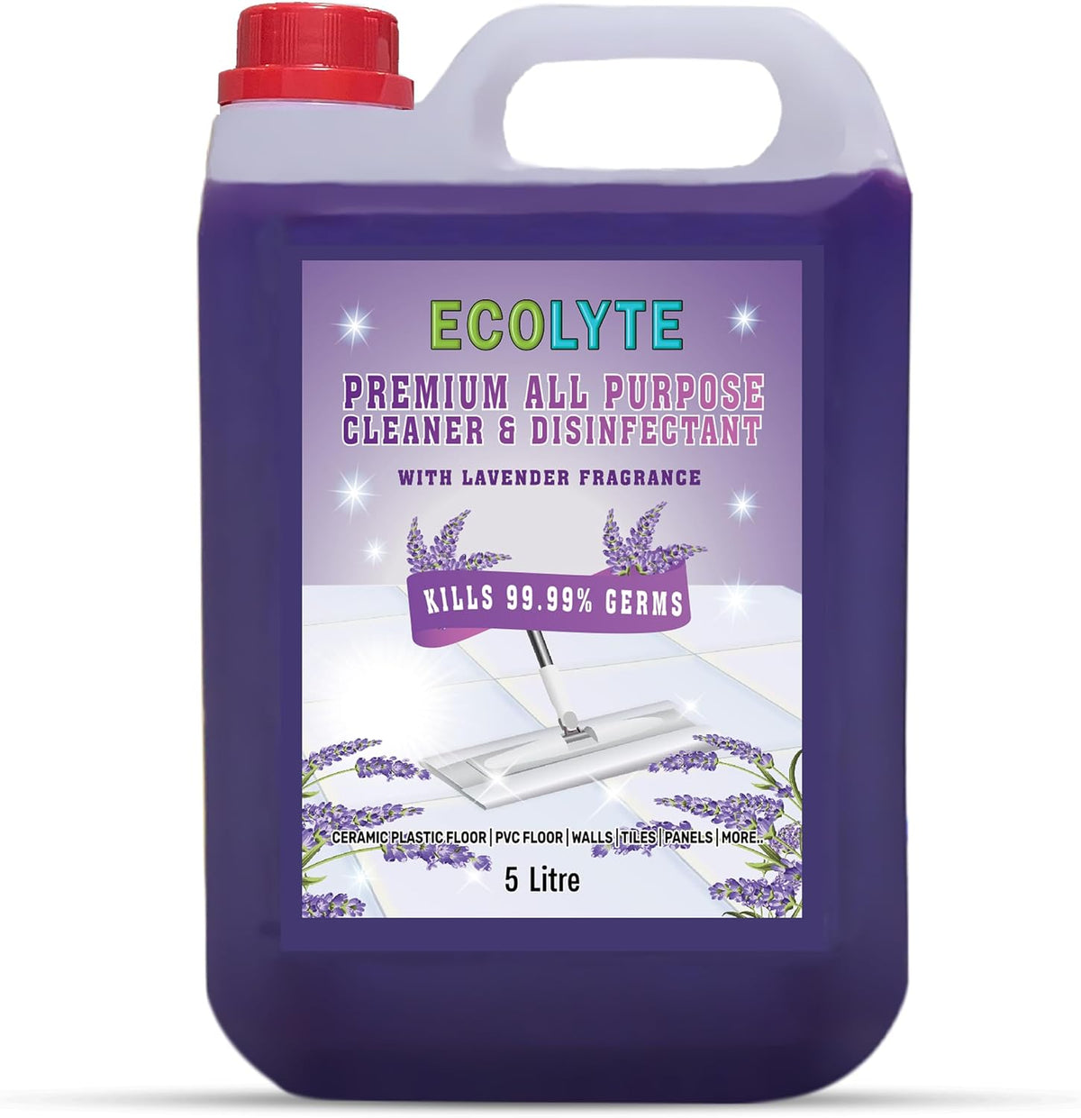 ECOLYTE+ Floor Cleaner, Premium All Purpose Cleaner Plus Disinfectant, for Hospital, Home, Office & Commercial Use for Dirt, Stains & Germs, Floor Cleaning (Lavender, 5 Liter) — front product image