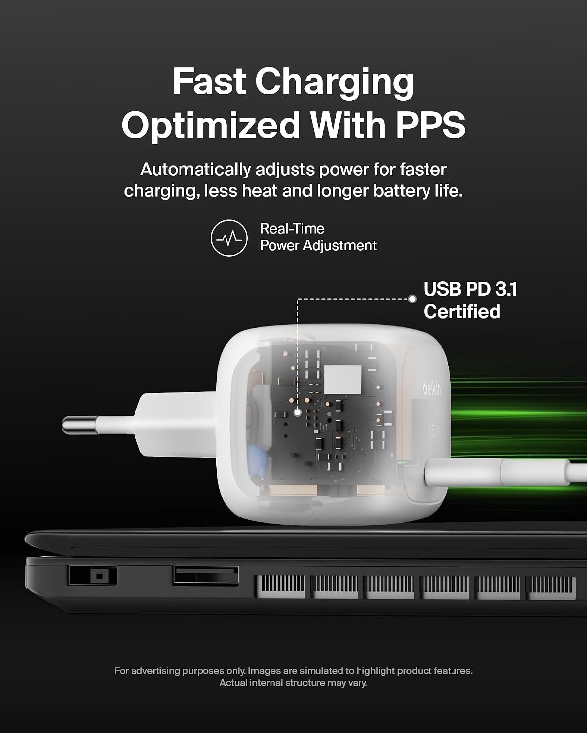 Belkin USB-C Charger, 65W Fast Charger, USB C Phone Charger - Compatible with Apple iPhone 16/15/14/13, Galaxy S25, Google Pixel 9, MacBook, iPad, AirPods, Chromebook etc. - White