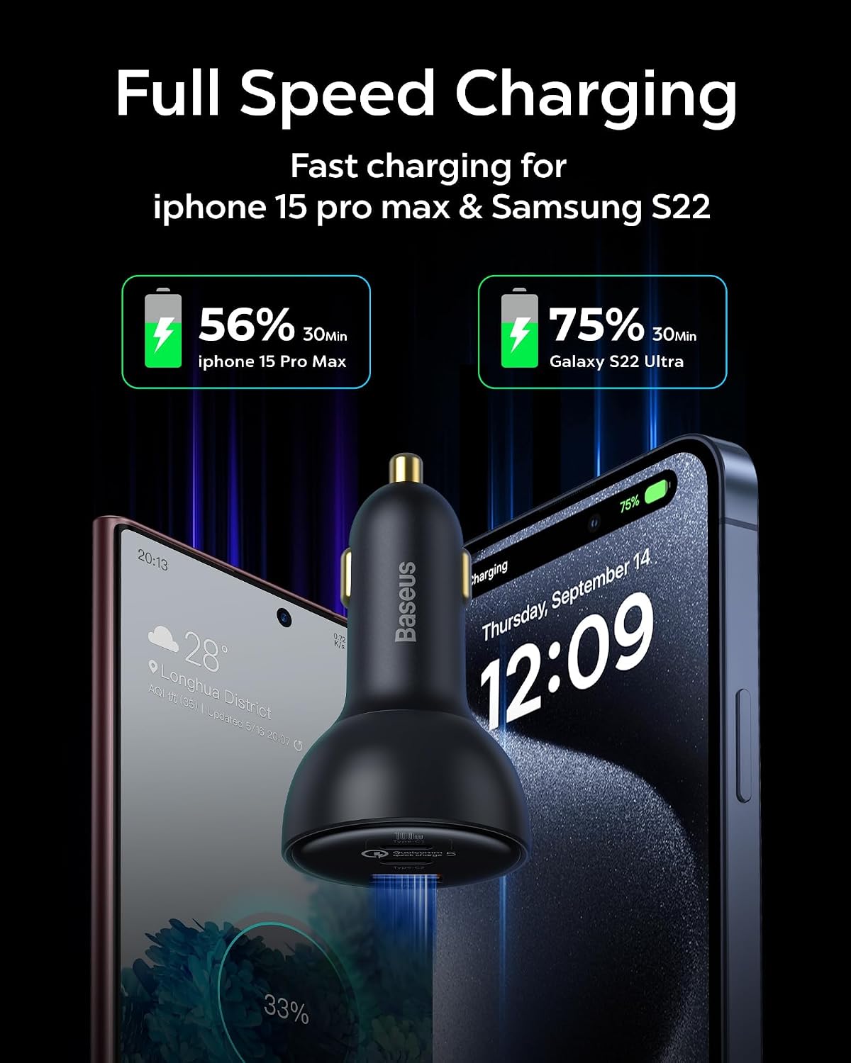 Baseus Qualcomm® Quick Charge™ 5 Technology Multi-Port Fast Charge Car Charger C+C+U 160W set Gray（with Baseus Xiaobai series fast charging Cable Type-C to Type-C 100W (20V/5A) 1m Black） — Black