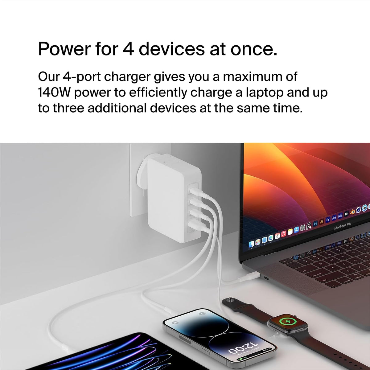 Belkin 140W 4-Port GaN Wall Charger, Multi-Port Travel Plug w/ USB-C Power Delivery Fast Charge & USB-A Port phone charger for iPhone, Samsung Galaxy, Google Pixel, iPad, MacBook, laptop, tablet, more