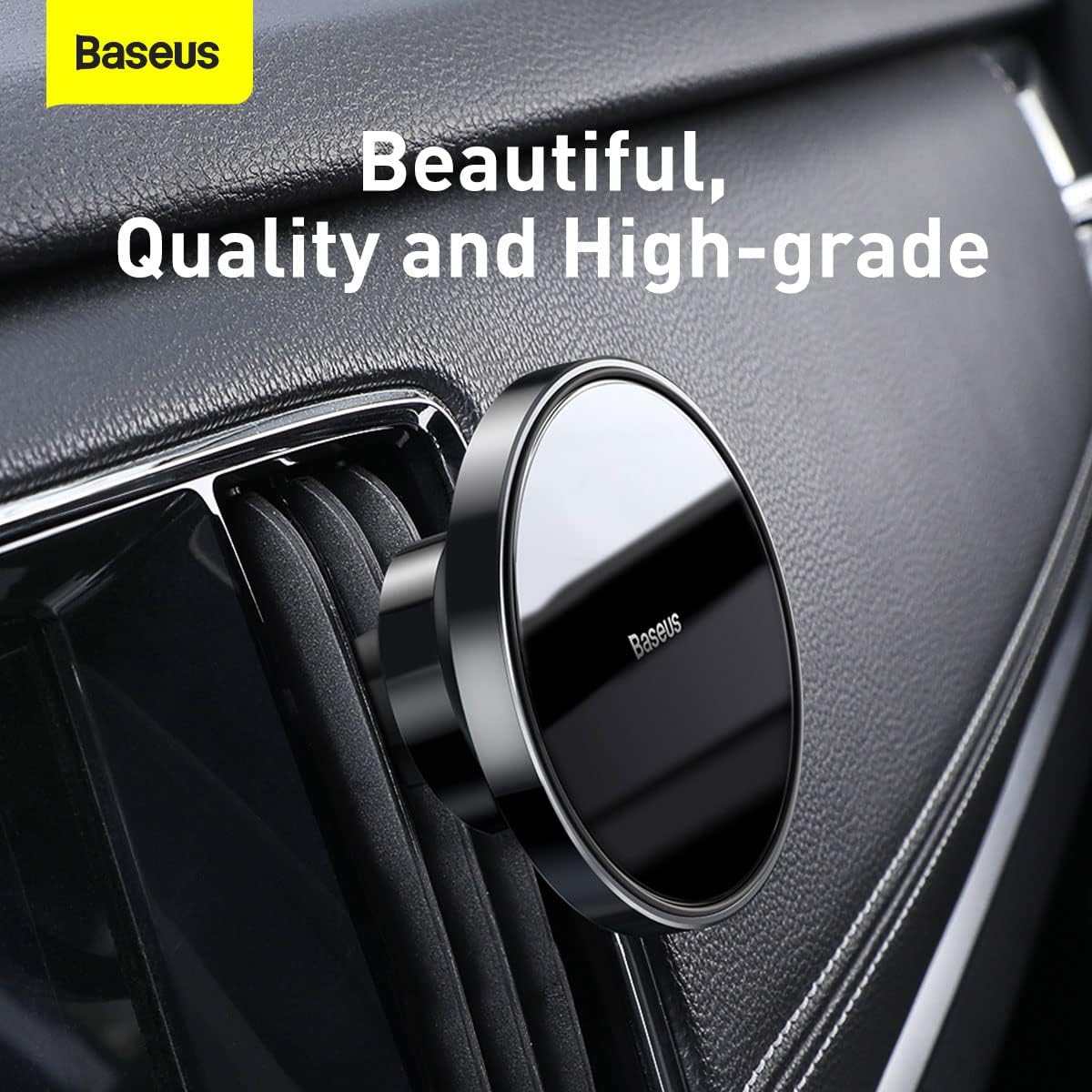Baseus Magnetic Car Phone Holder for Dashboard & Air Vent With 1 Magnetic Ring Sticker, 360° Rotatable Strong Magnetic Cell Phone Mount — Black