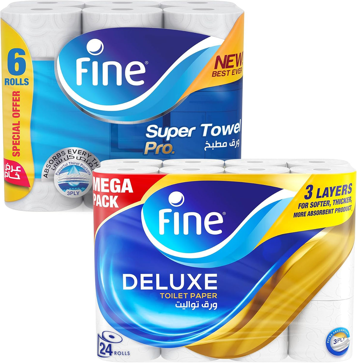Fine Super Towel Pro, 3 Plies,Pack of 6 Rolls + Fine Deluxe Toilet Paper 3 Ply, 24 Rolls x 140 Sheets — front product image