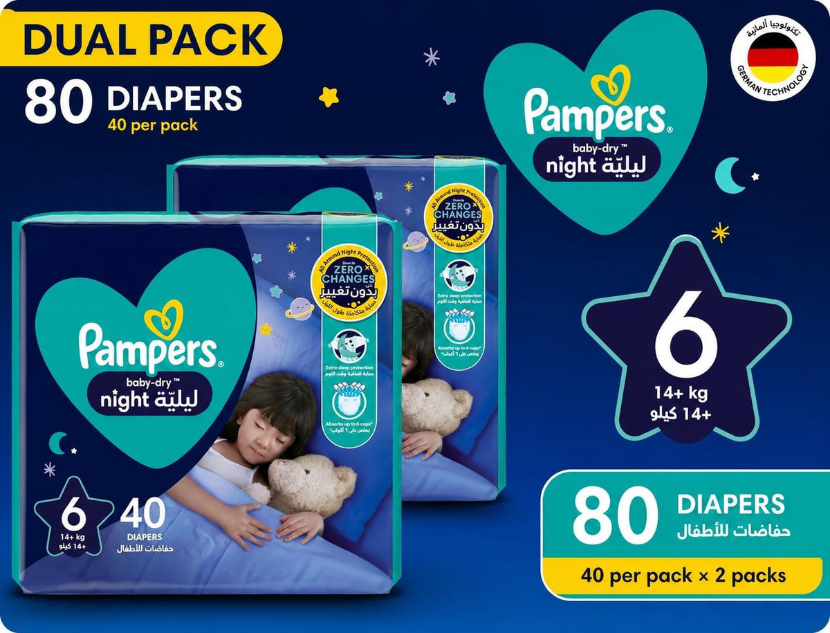 Pampers Baby-Dry Night Diapers Additional Absorption Layer for Overnight Leakage Protection, Size 6, 14+kg, 40+40 Diapers Count Dual Pack