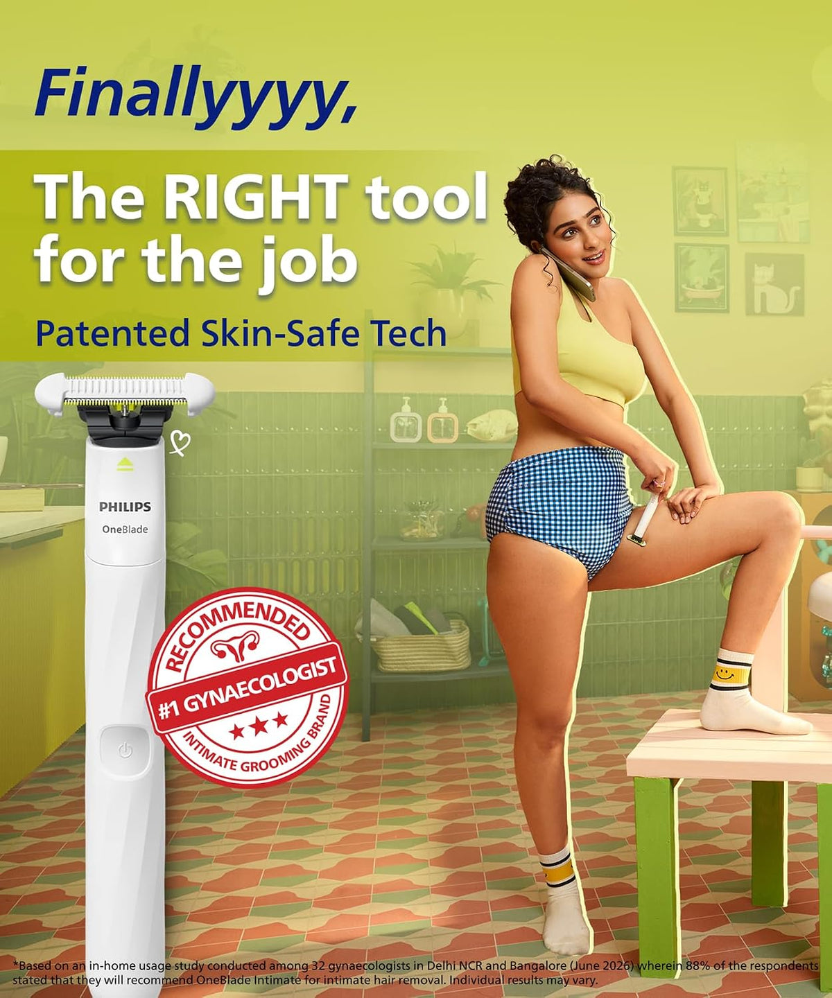 Philips OneBlade Intimate #1 Gynaec Recommended* — 2-in-1 Trimmer for Woman — 3X Safer Patented Tech — Bikini, Underarm, Private Part, Body trimmer — No post shave irritation, Painless, Waterproof — QP1924/20 — White