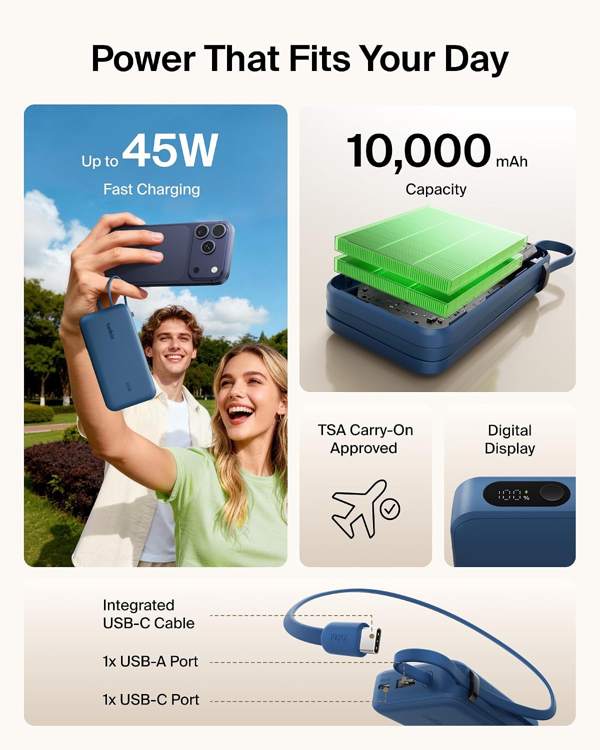 Belkin UltraCharge 10000mAh 45W PowerBank with USB-C Cable and Display-Blue