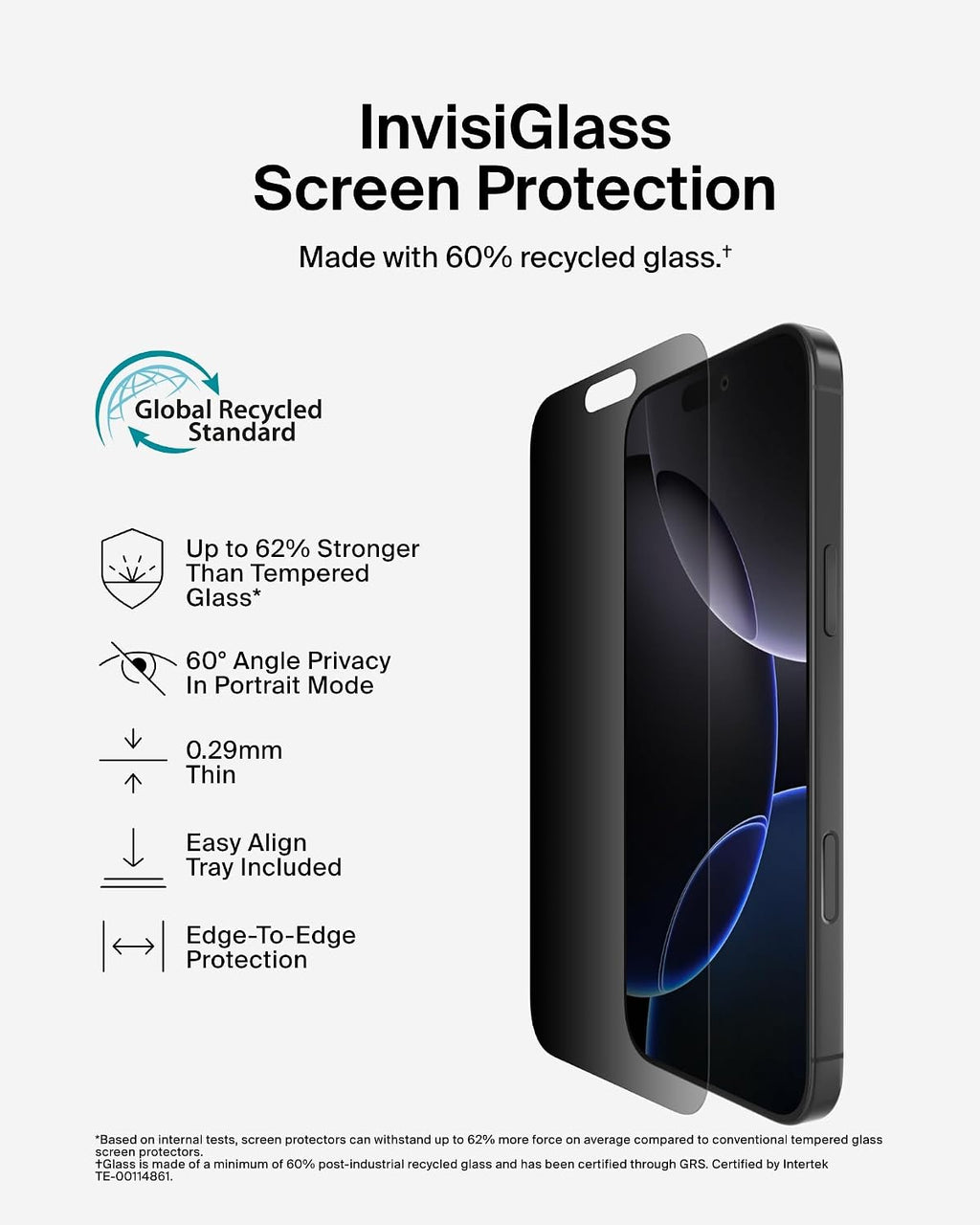 Belkin ScreenForce InvisiGlass iPhone 16 Pro Max Privacy Screen Protector, scratch-resistant impact protection, easy align tray for bubble free application, recycled glass for iPhone 16 Pro Max