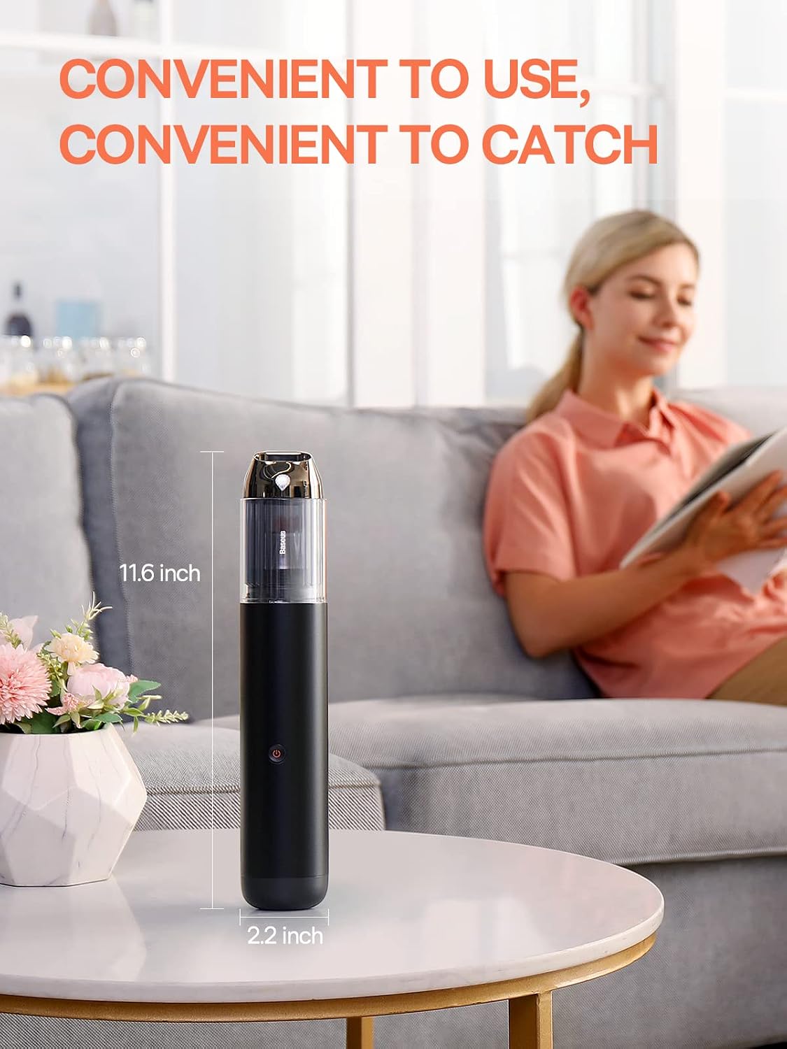 Baseus Car Vacuum Cleaner, 15kPA Handheld Vacuum with Type C Fast Charging, 136W Car Vacuum Cordless Rechargeable with LED Lights, Mini Dust Buster for Car, Pet, Desk, Laptop — Black