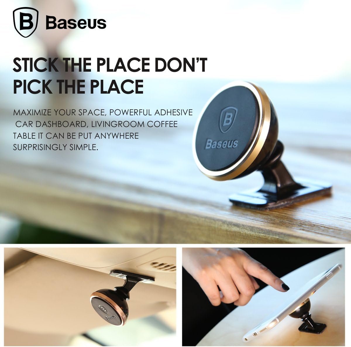 Baseus 360° Adjustable Magnetic Car Phone Holder | Universal Stick-On Dashboard Mount & Mini Mobile Stand | Aluminum Alloy Magnetic Magnet — 360°Rotation- Small — Silver
