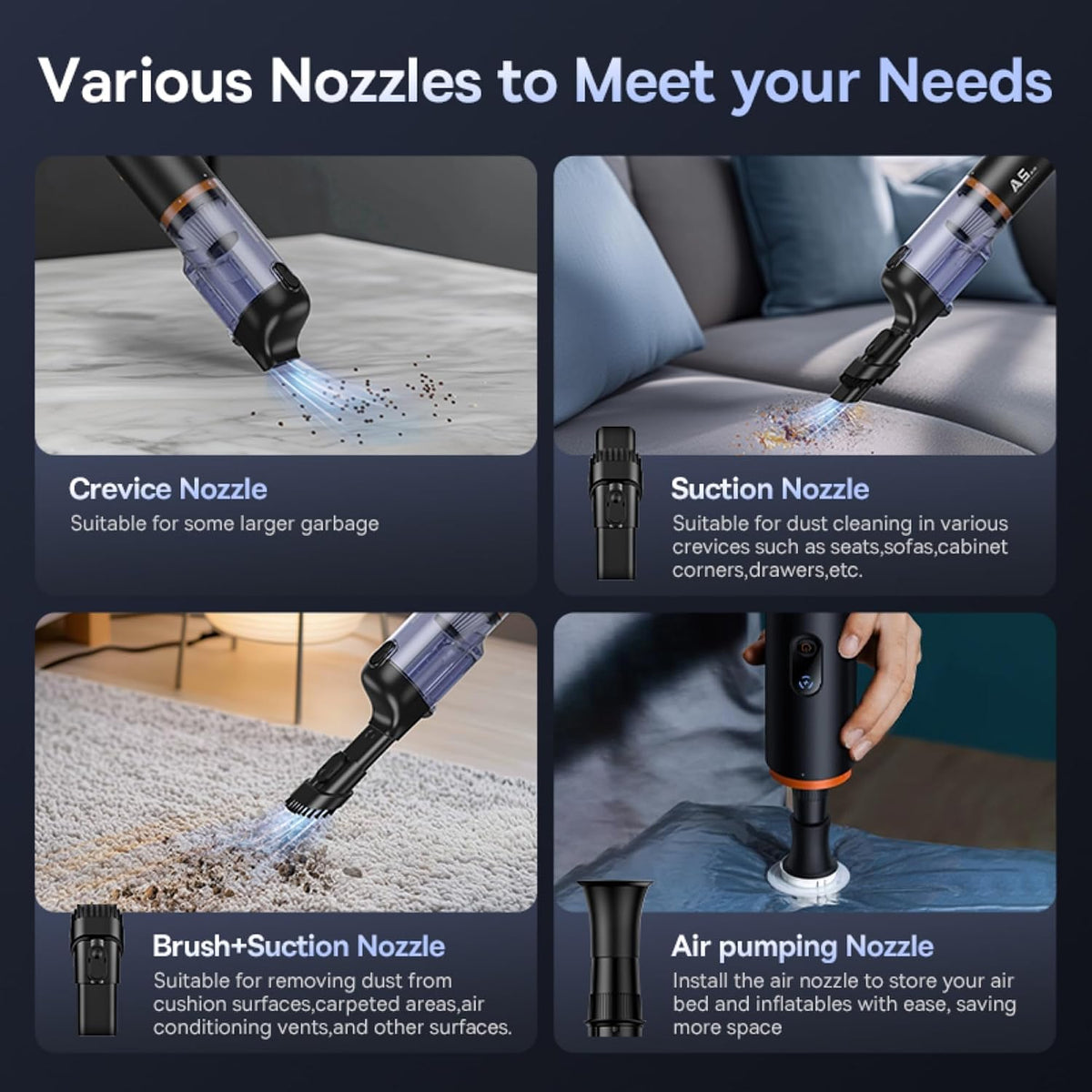 Baseus A5 Handheld Vacuum Cleaner, 16000Pa Cordless Suction, 130W Brushless Motor, 7500mAh Battery, USB-C Charging, HEPA Filter, for Car, Home, Office (Black) — 16000Pa-A5 — Black