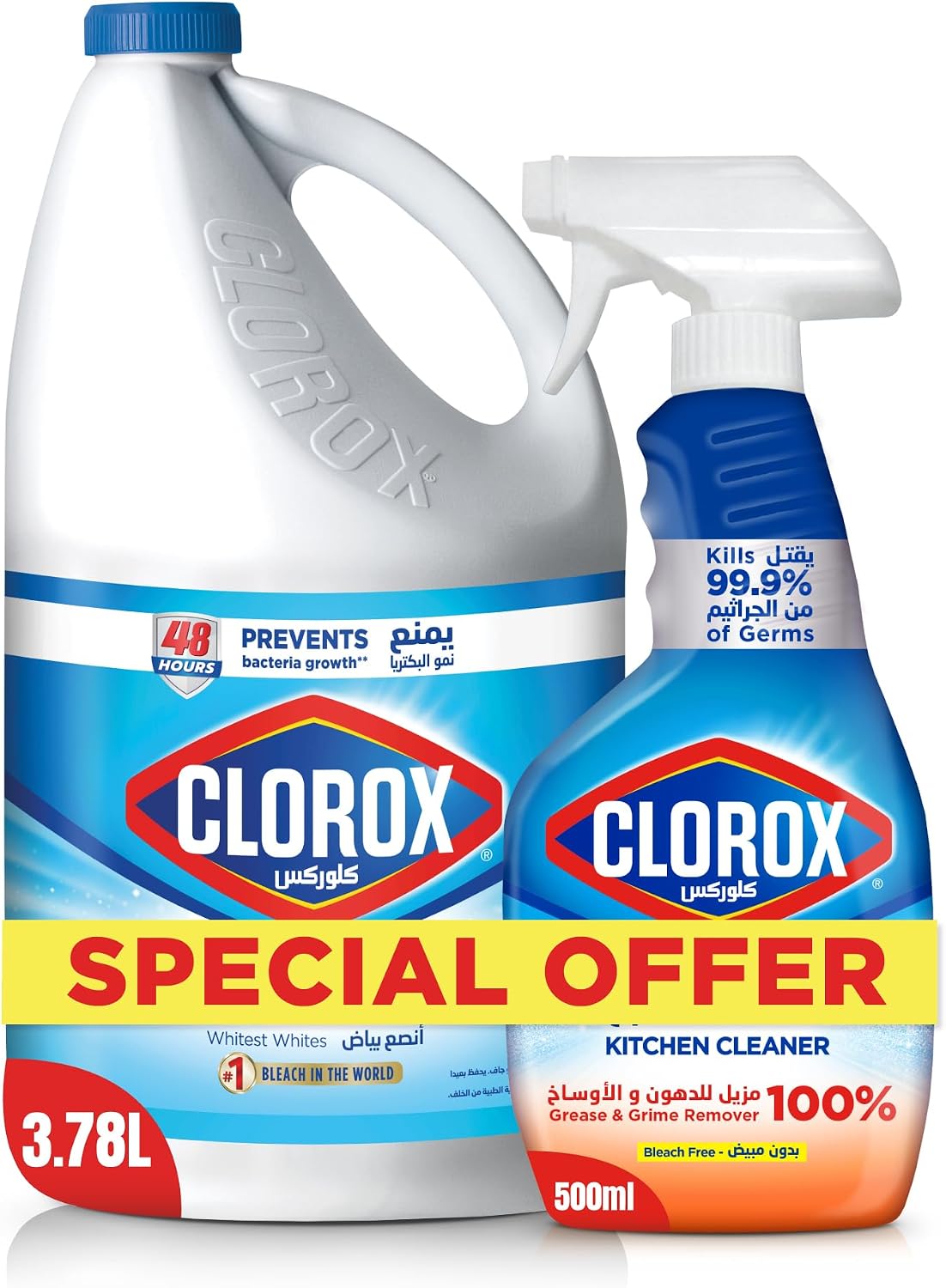 Clorox Bleach Liquid Original Scent 3.78L and Clorox Spray Kitchen Cleaner, 500ml, Bleach Free — front product image
