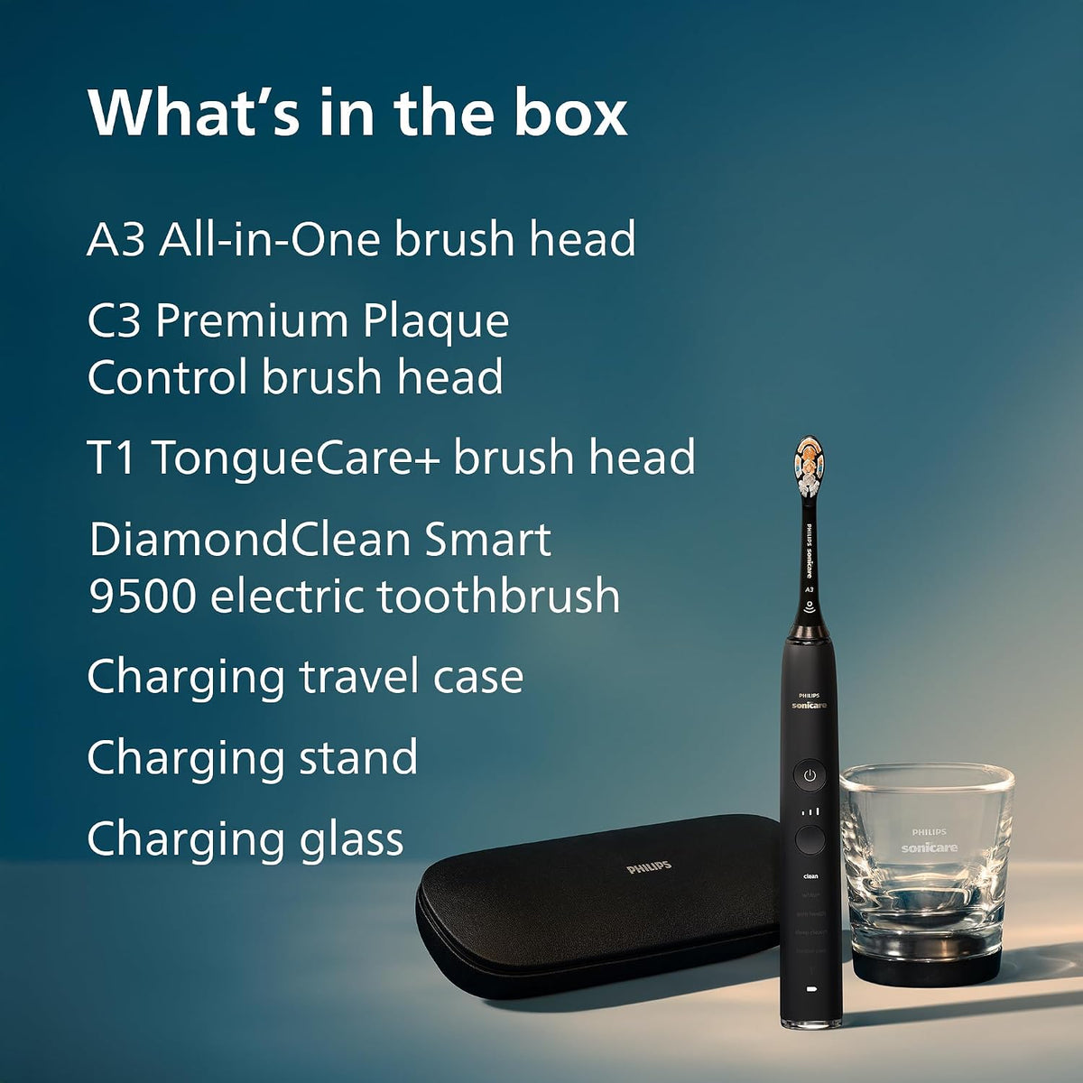 Philips SONICARE Philips DiamondClean Smart 9500 Electric Toothbrush, Sonic Toothbrush with App, Pressure Sensor, Brush Head Detection, 5 Brushing Modes and 3 Intensity Levels, Black, Model HX9923/11 — New Black