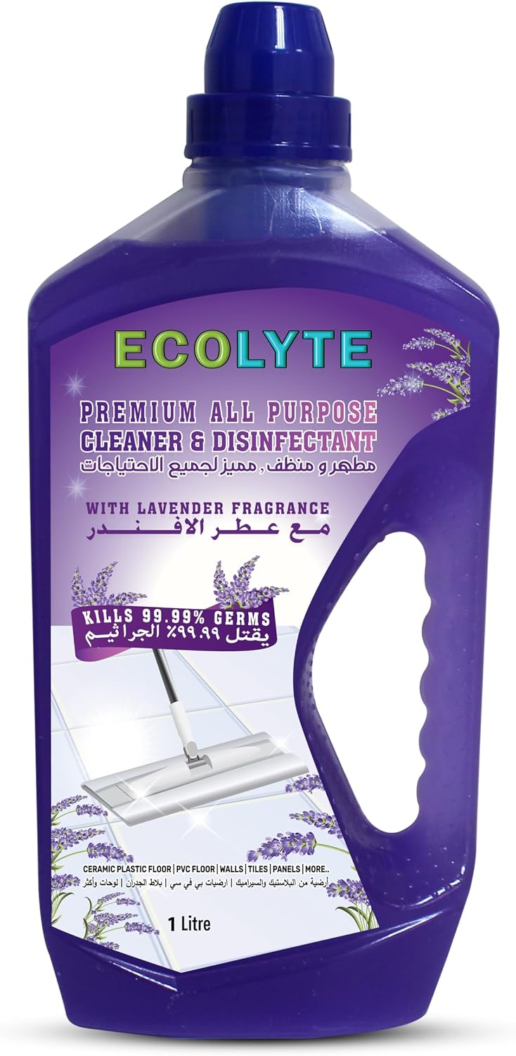 ECOLYTE+ Disinfectant Ecolyte Premium Floor Cleaner All Purpose Cleaner Plus Disinfectant, for Hospital, Home, Office & Commercial Use for Dirt, Stains & Germs, Floor Cleaning, (Lavender, 1 Liter) — front product image