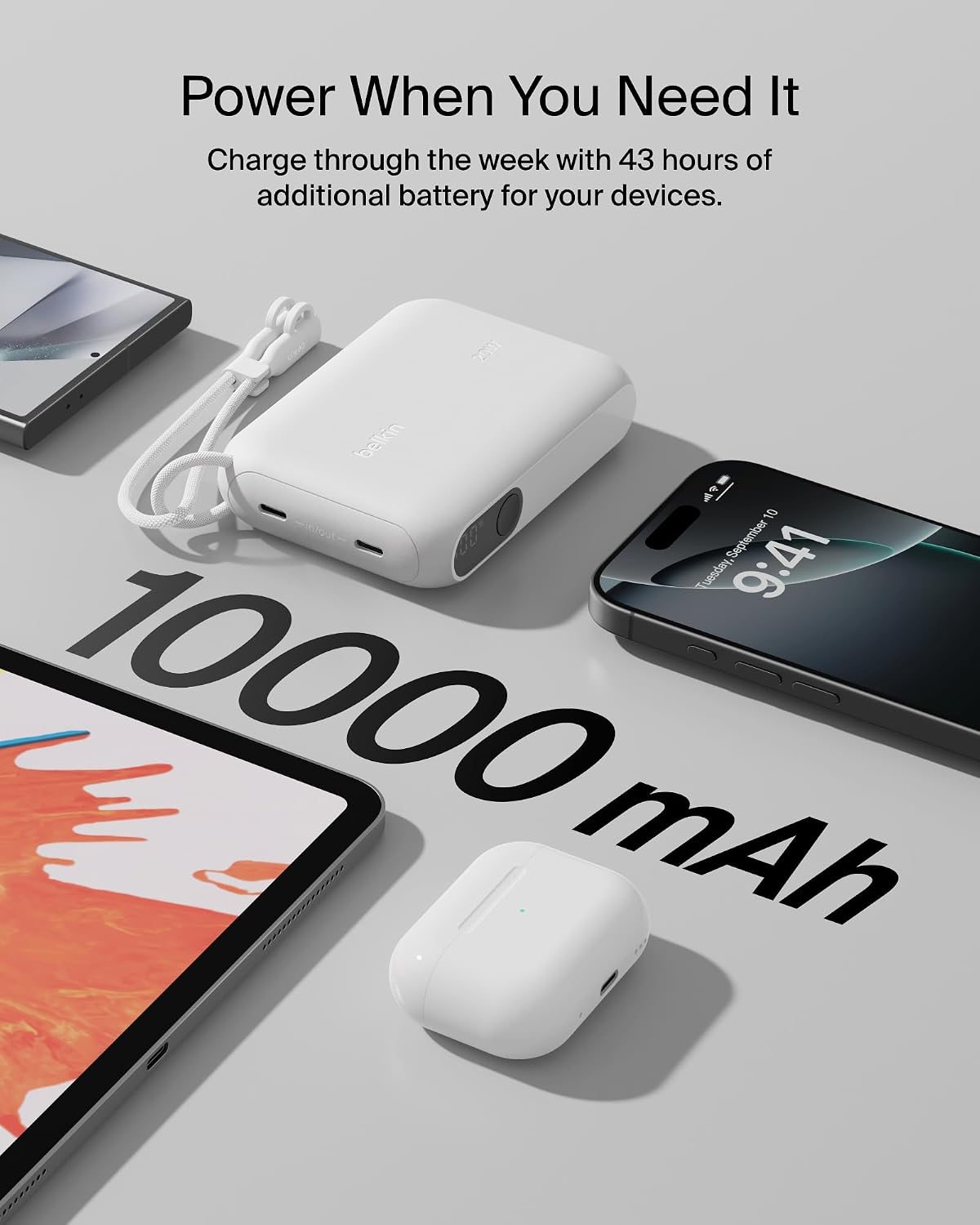 Belkin BoostCharge 10000mAh Power Bank with Digital Battery Display - White
