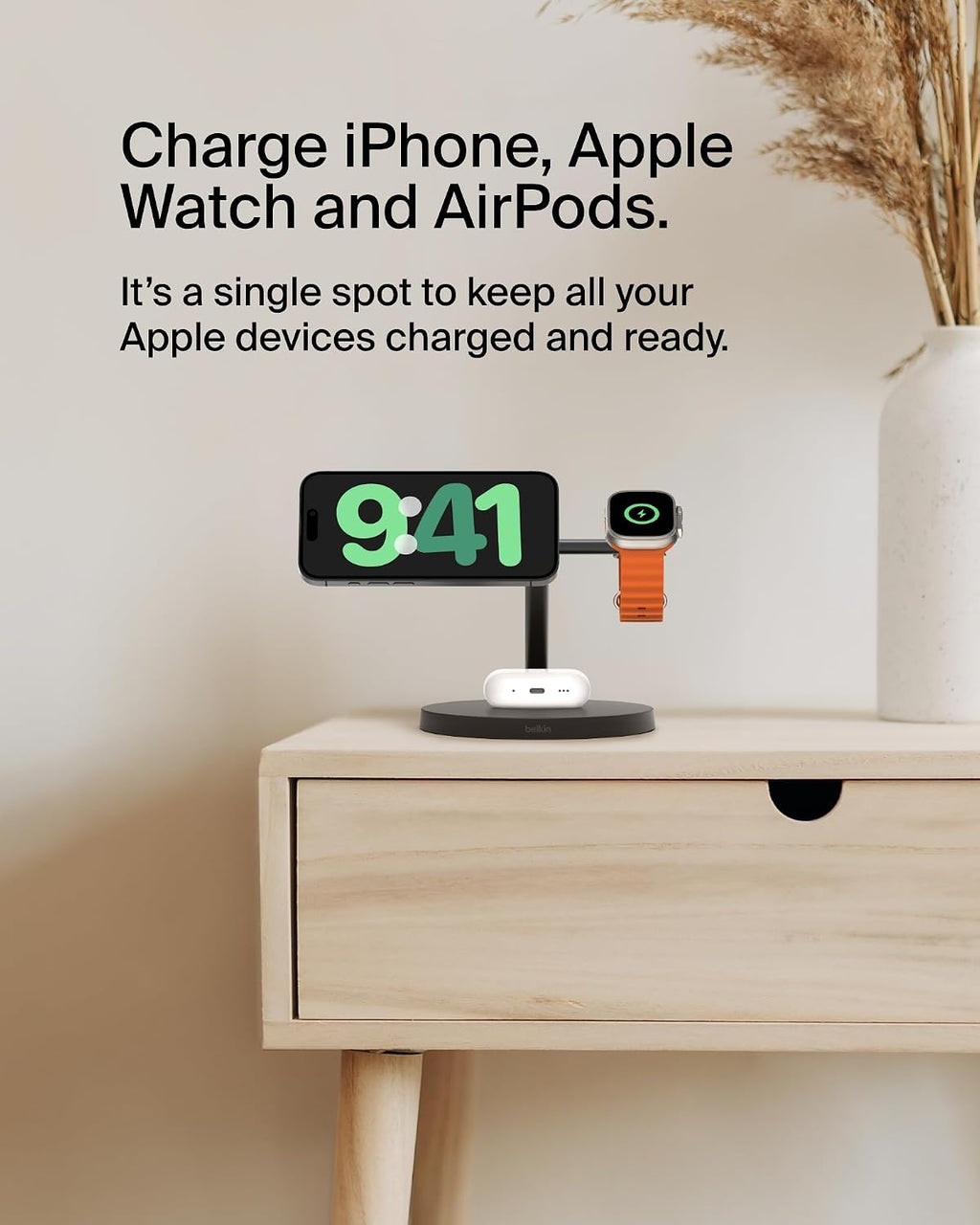 Belkin BoostCharge 3-in-1 Qi2 charger, MagSafe compatible wireless charging station, Qi2 Wireless Charger for Apple iPhone 17 Series, Air, Apple Watch, AirPods with Non-Slip Base, PSU Included - Black