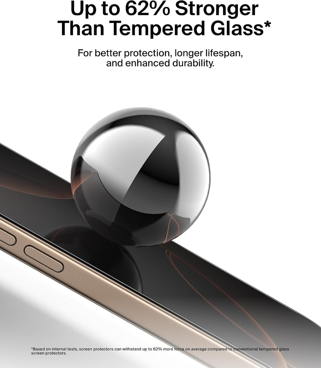 Belkin ScreenForce InvisiGlass Privacy Screen Protector for iPhone17 + iPhone 16 Pro, Scratch-Resistant Impact Protection with Included Easy Align Tray for Bubble Free Application, Recycled Glass