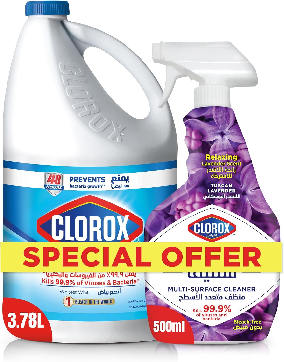 Clorox Bleach Liquid Original Scent, 3.78L and Clorox Scentiva Spray Cleaner, 500ml, Tuscan Lavender — front product image
