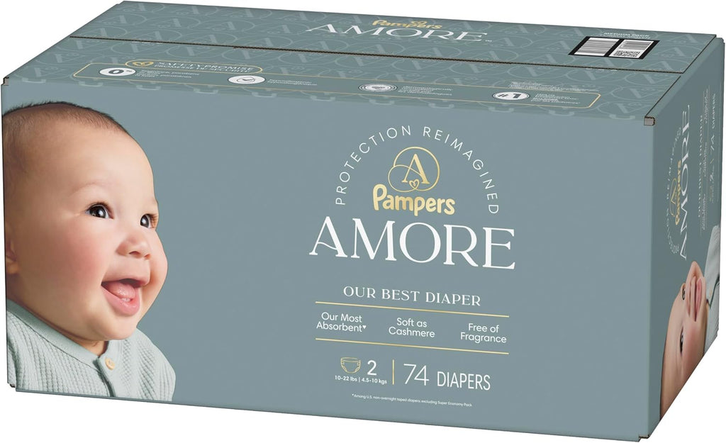 Pampers Amore, Size 2 (10-22 lbs), 74 Count, Our Best Diaper – Hypoallergenic & Fragrance Free, Up to 100% Leakproof, Soft as Cashmere