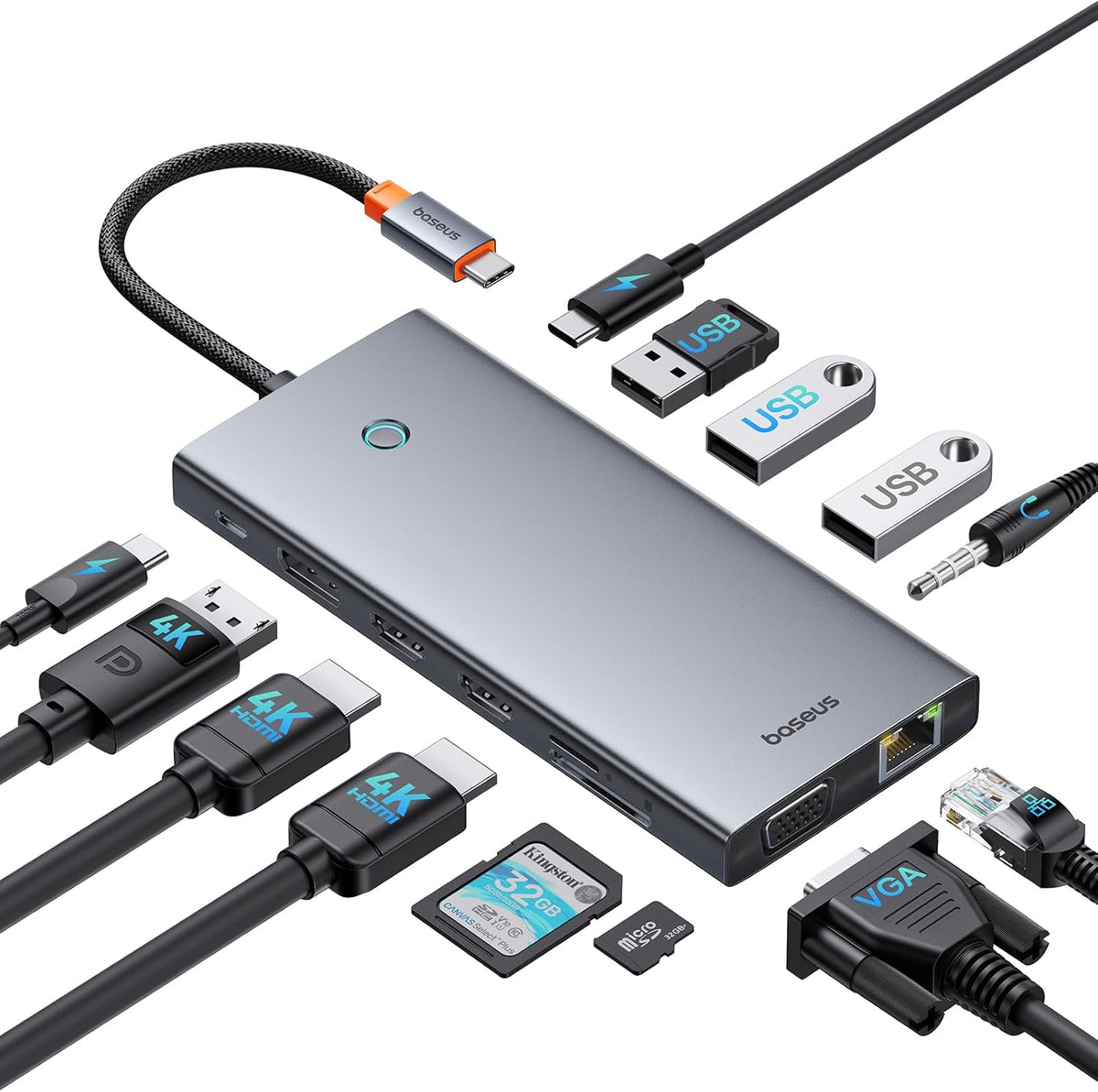 Baseus Chip Optimised: USB C Docking Station 3 Monitors, 13-in-1 USB C Hub with 2 HDMI 4K @ 60Hz, DisplayPort 4K @ 60Hz, VGA, USB 3.1 10 Gbps, PD 100W and Ethernet — Black
