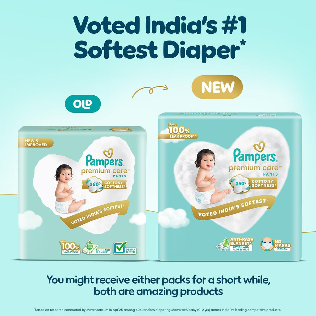 Pampers Premium Care Pant Style Baby Diapers M 20 Count | No Marks Design | Voted India’s #1 Softest Diaper | All in 1 diaper with 360 Cottony Softness