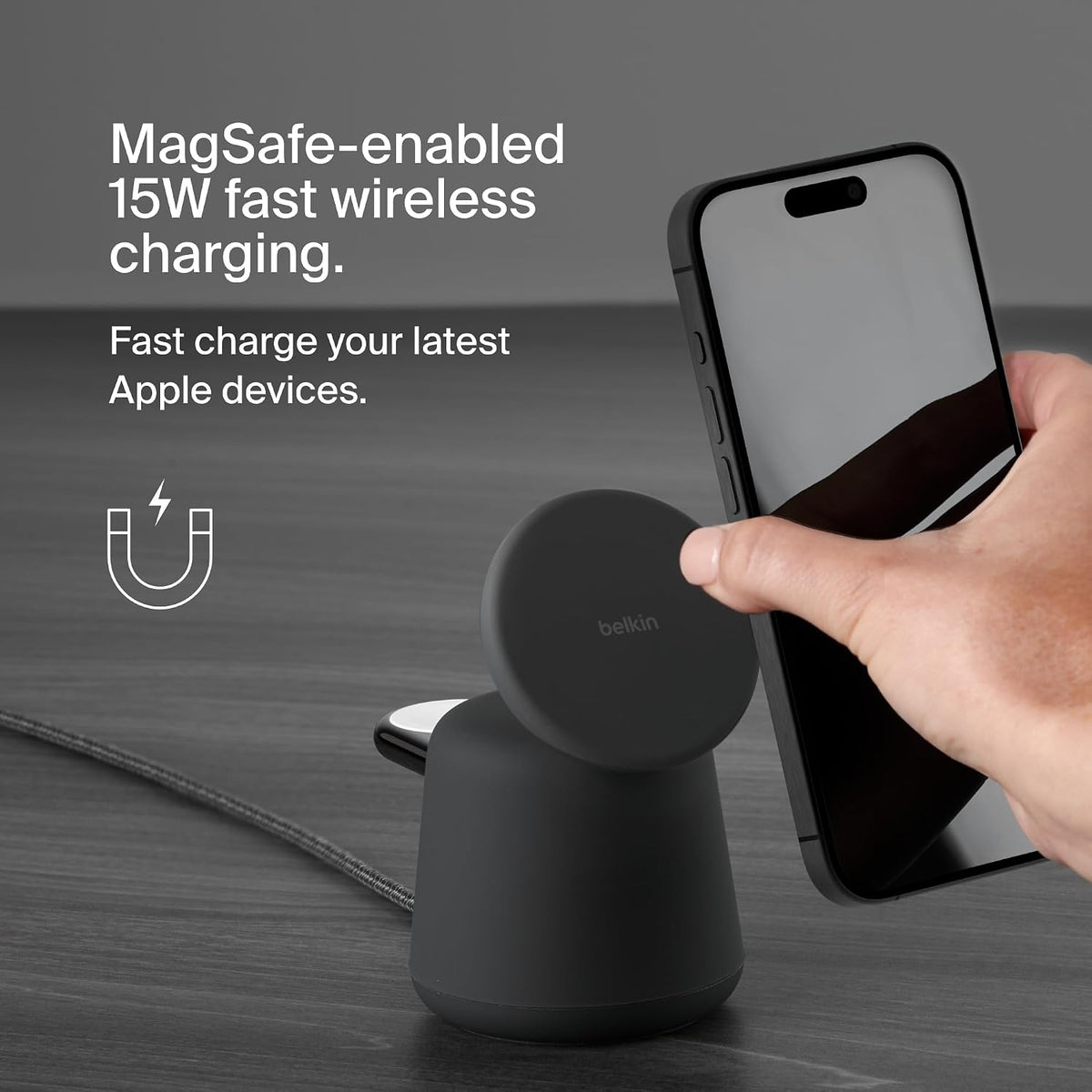 Belkin Fast Charge Pro 2-in-1 Wireless Charging Dock with MagSafe 15W Fast Charge iPhone Charger Compatible with iPhone 16, 15, 14, 13, and 12 Series, AirPods, and Other MagSafe Enabled Devices