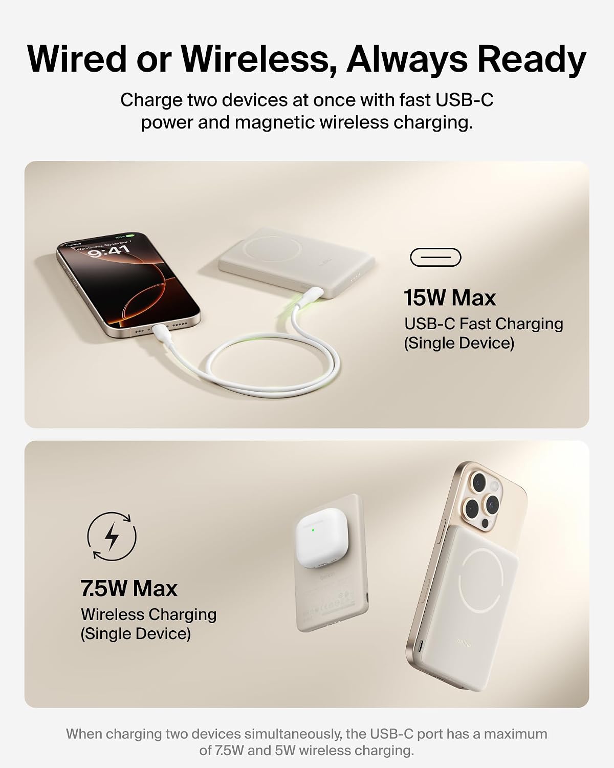 Belkin BoostCharge 5000mAh Magnetic Power Bank with Magnetic Ring - Sand