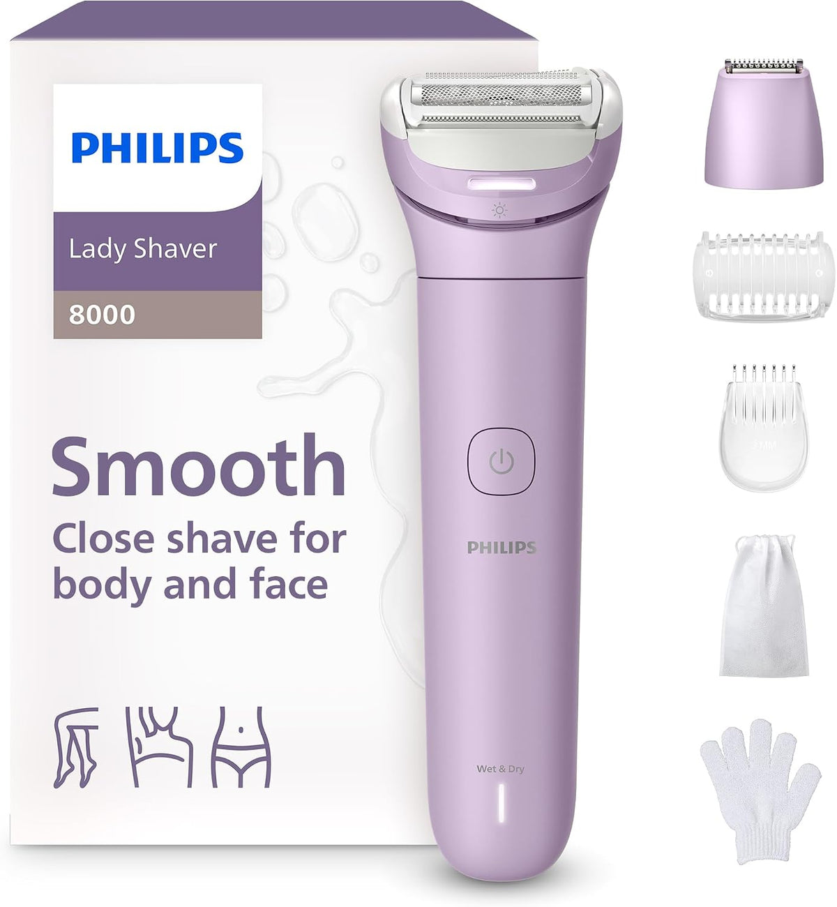 Philips Lady Shaver Series 8000 - Cordless Wet and Dry Shaver 3-Blade System, Flexible Shaver Head, LED Light for Body, Legs and Bikini, 100 Minutes Runtime, Model BRL149/00 — Purple