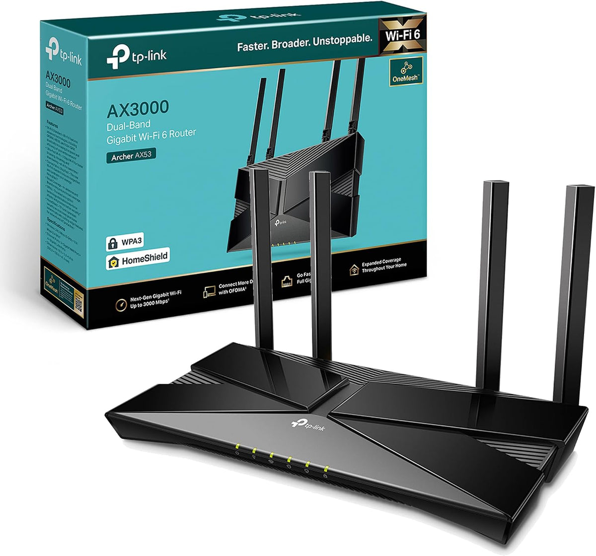 TP-Link WiFi 6 OneMesh AX3000 Mbps Gigabit VPN Router, Dual-Core CPU Fibre, WPA3 Cybersecurity, Ideal for Gaming Xbox/PS4/Steam, Compatible With Alexa (Archer AX53)