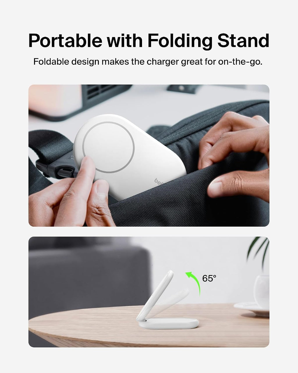 Belkin Fast Charge MagSafe Charger, Magnetic Foldable Wireless Charging Stand 15W, MagSafe-Compatible Portable Fast Charger for Qi2, iPhone 16, 15 & 14 Series, Standy Mode Ready, PSU Included - White