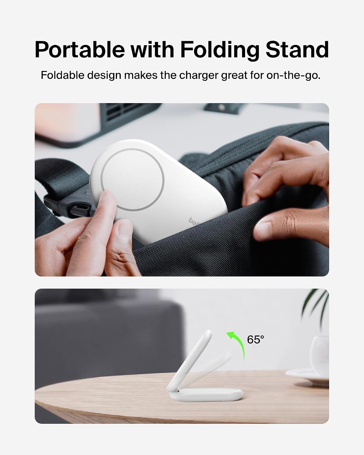 Belkin Fast Charge MagSafe Charger, Magnetic Foldable Wireless Charging Stand 15W, MagSafe-Compatible Portable Fast Charger for Qi2, iPhone 16, 15 & 14 Series, Standy Mode Ready, PSU Included - White