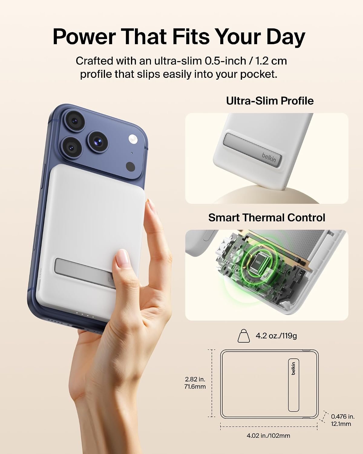Belkin BoostCharge Portable Charger Qi2 15W, Slim Magnetic Power Bank 5000mAh with Kickstand, USB C Cable Included, Fast Charging Battery Pack for iPhone, AirPods, Galaxy, Pixel, iPad & More - White