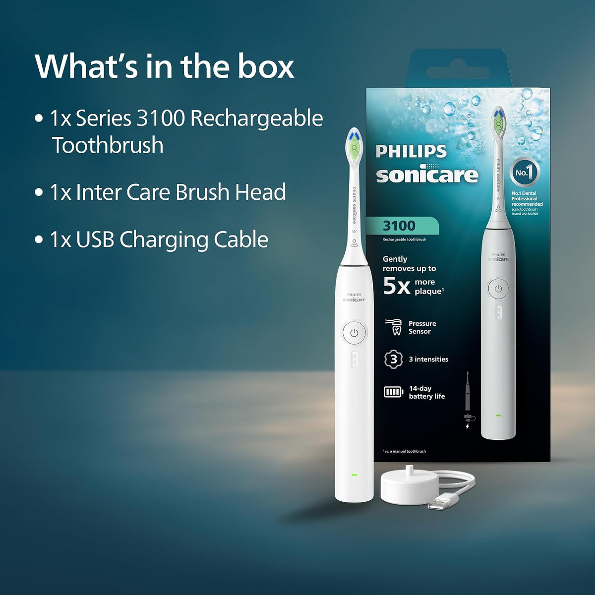 Philips Sonicare 3000 Series Electric Toothbrush Sonic Toothbrush with Pressure Sensor, 3 Intensity Levels, EasyStart Feature, SmarTimer & QuadPacer, 14Day Runtime,White,Model HX4031/21UAE Certified — Multicolor