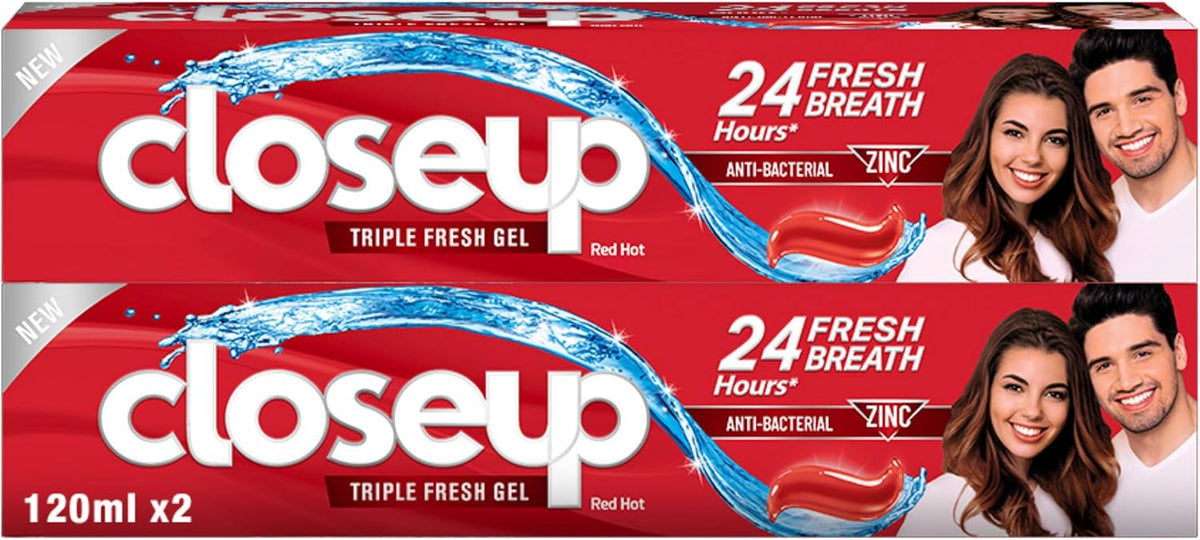 Closeup Triple Fresh Gel Toothpaste, Red Hot, for 24HR fresh breath, 120ml x 2 — front product image