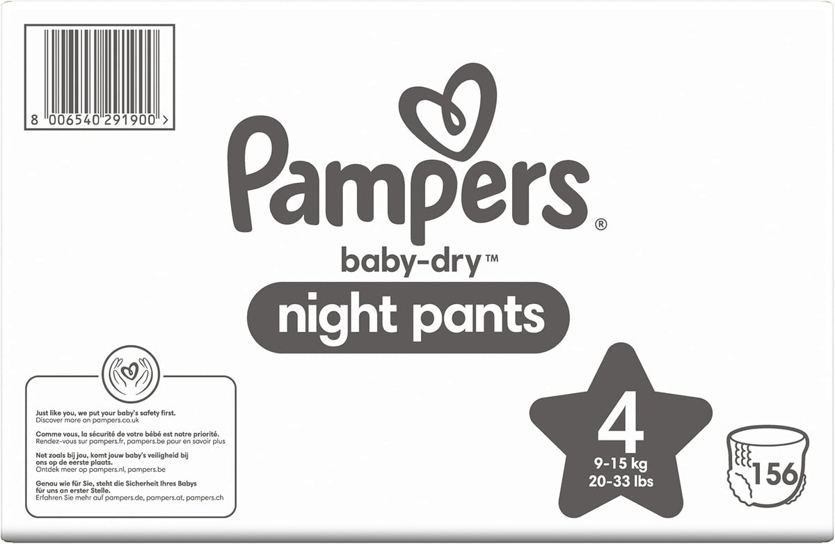 Pampers Nappy Pants Size 4 (9-15 kg / 20-33 lbs), Baby-Dry Night, 156 Nappies, MONTHLY BOX, Extra Protection All Night Long, Pull Ups