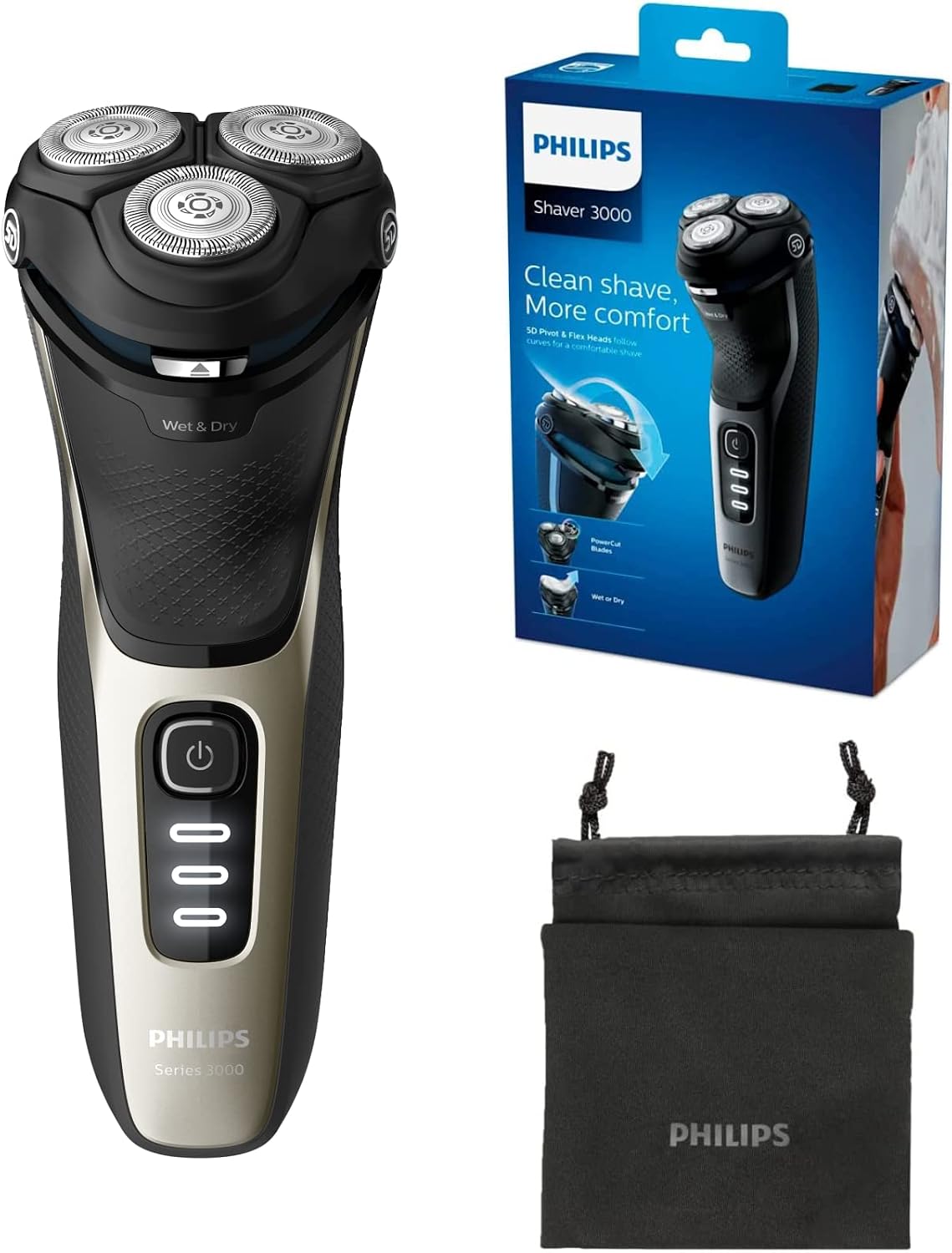 Philips Shaver Series 3000 - Electric Wet and Dry Shaver for Men with Fold-Out Trimmer and Travel Bag (Model S3230/52) — Ash Gold