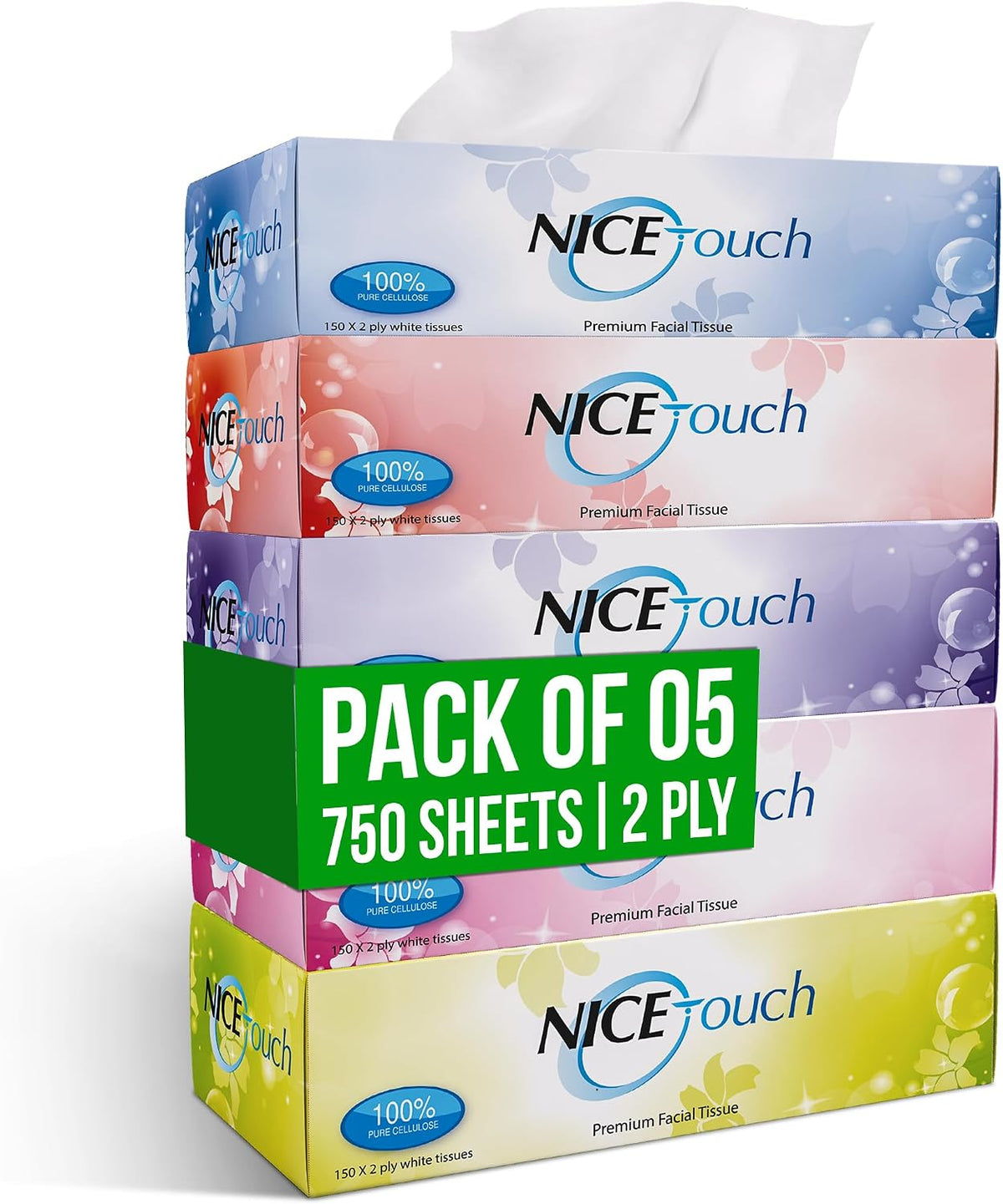 Nice Touch 2-Ply Facial Tissue Box, Pack of 5 boxes (150 sheets x 2 Ply) Large, Soft & Fluffy Facial Tissues — front product image