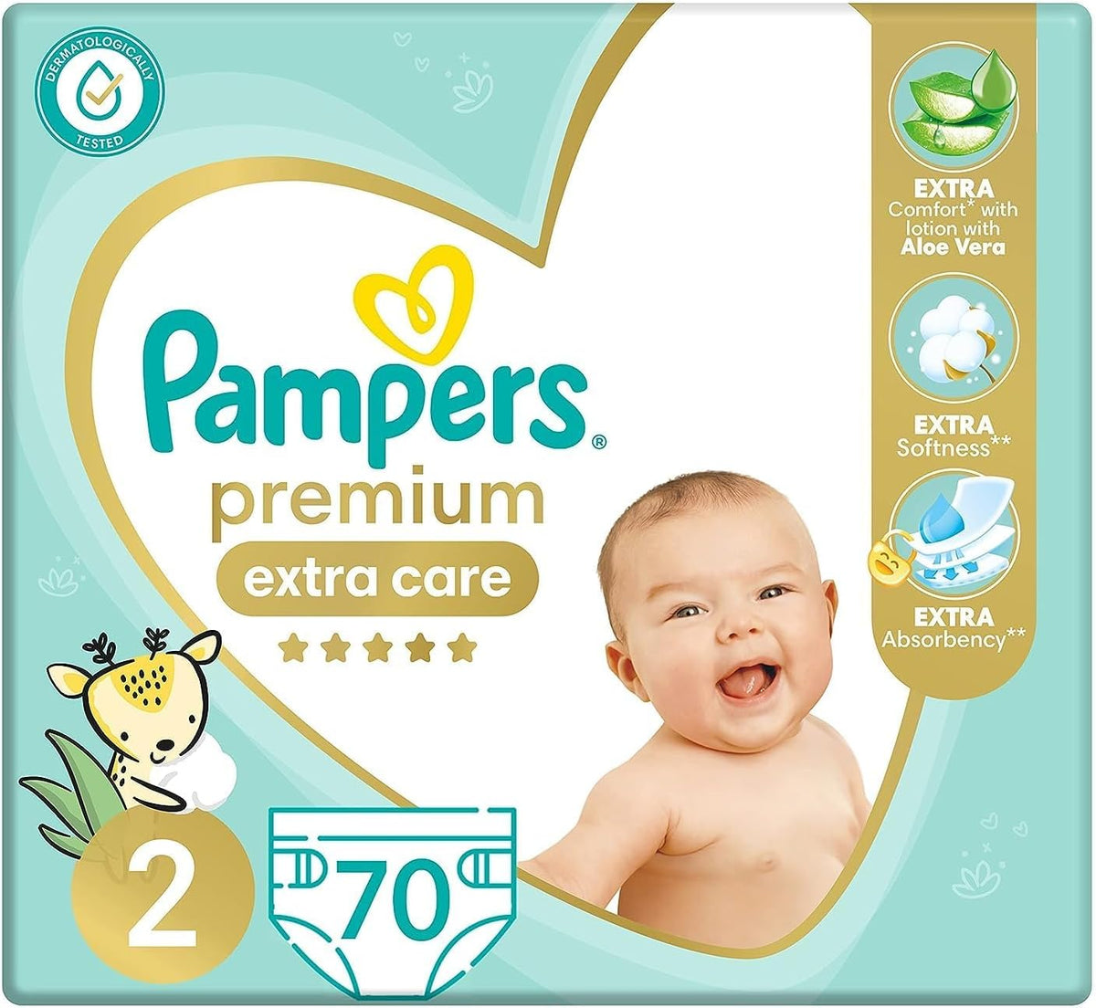 Pampers Premium EXTRA CARE Diapers, Size 2, 3-8 kg, with Lotion with Aloe Vera, 70 Baby Diapers