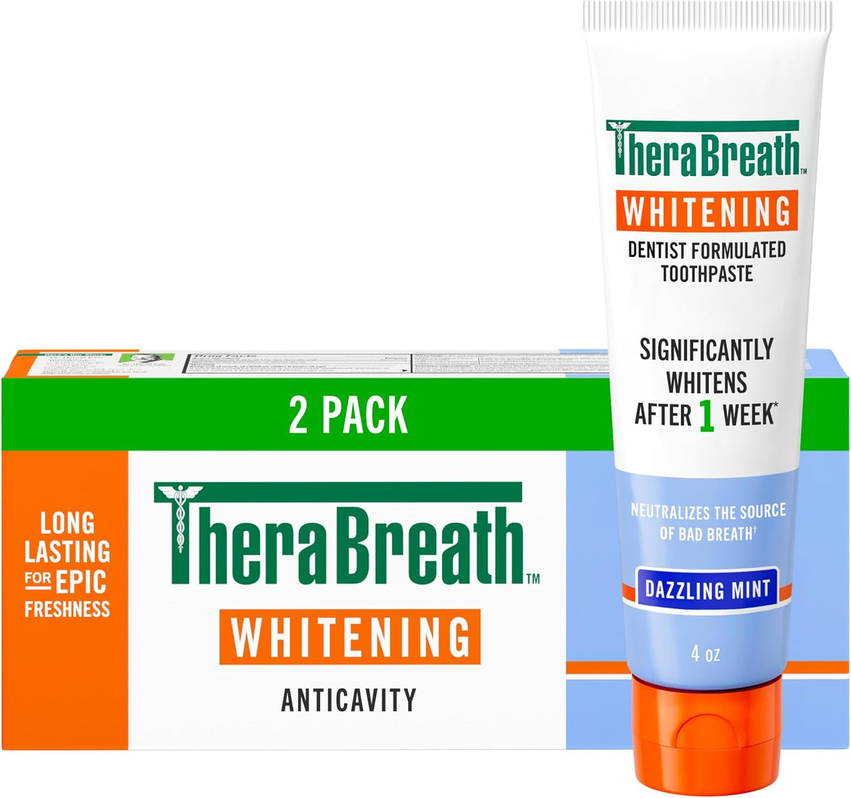 TheraBreath Whitening Toothpaste, Dazzling Mint, 4 oz, 2-Pack — front product image