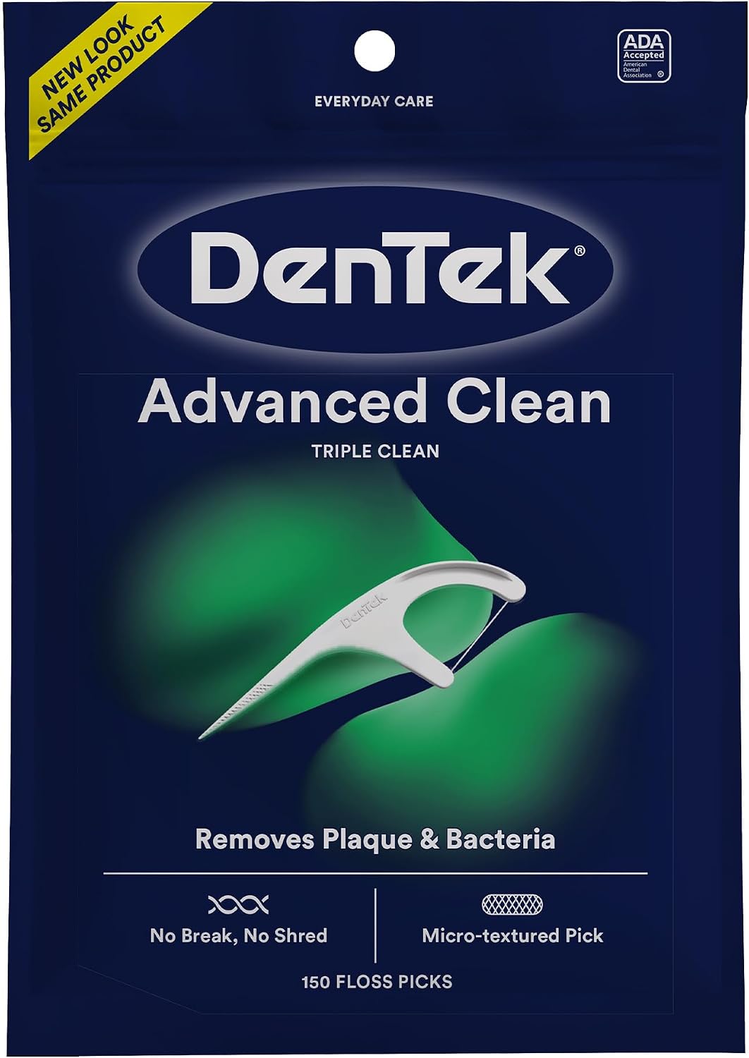 DenTek Triple Clean Advanced Clean Floss Picks, No Break & No Shred Floss, 150 Count, (Packaging May Vary) — front product image
