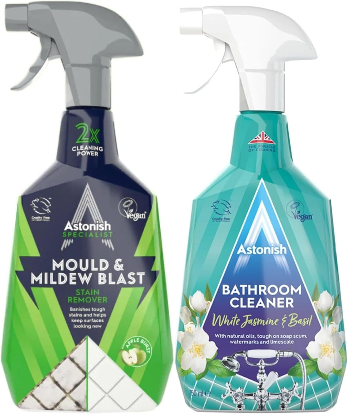 Astonish Bathroom Cleaner White Jasmine & Basil 750ML + Astonish Premium Mold & Mildew Stain Blaster -750ML- Multi Surface-Tough on Dirt & Grime-Deep Effective Cleaning-Vegan-Cruelty Free-Eco Friendly — front product image