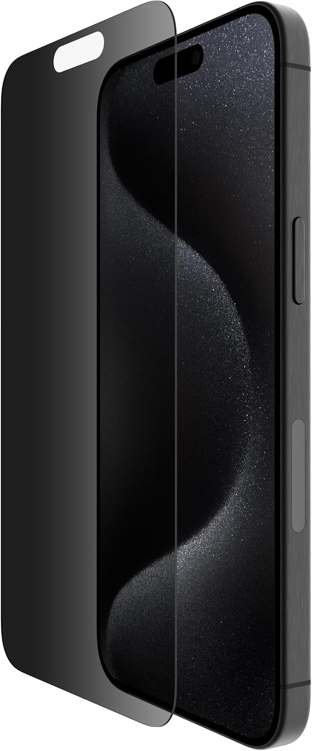 Belkin ScreenForce TemperedGlass Treated Privacy Screen Protector for iPhone 15 Pro Max - Slim & Scratch-Resistant - Includes Easy Align Tray for Bubble Free Application