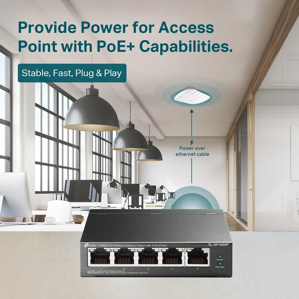TP-Link TL-SF1005P V2 | 5 Port Fast Ethernet PoE Switch | 4 PoE+ Ports @67W | Desktop | Plug & Play | Sturdy Metal w/Shielded Ports | Fanless | Limited Lifetime Protection | Extend & Priority Mode