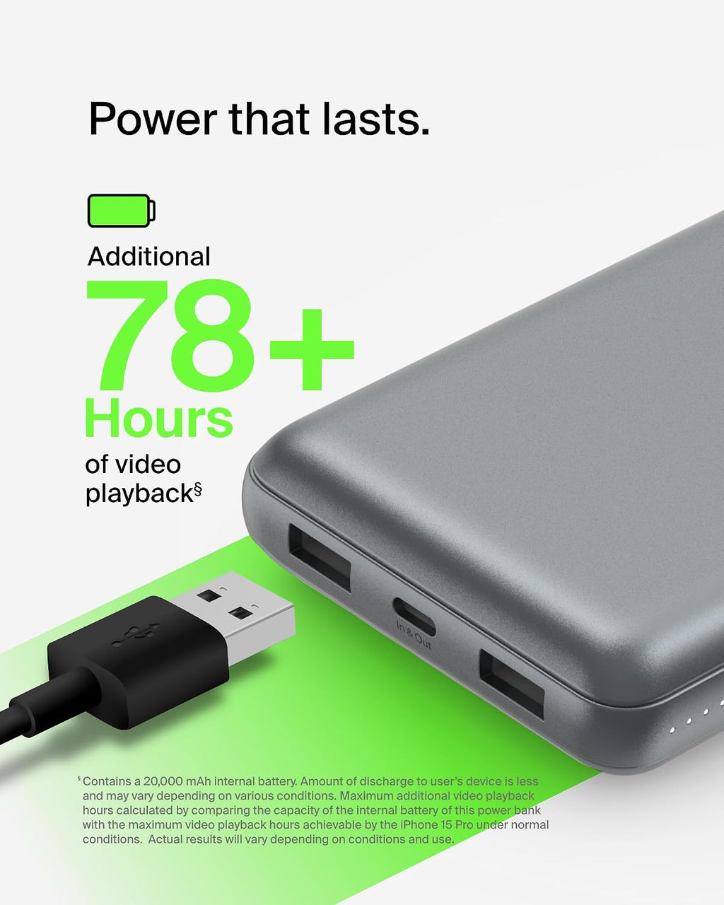 Belkin Portable Charger, USB C Power Bank 20000 mAh w/2 USB-A Ports, 15W w/A to C Cable - iPhone 17, Air, Pro, Pro Max, AirPods, Samsung Galaxy S25,iPad,Nintendo Switch 2,Google Pixel 10 – Space Gray