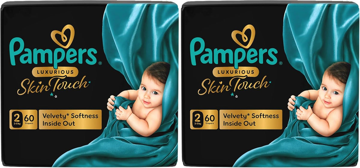 Pampers Luxurious Skin Touch Premium Diapers Size 2, 3-8kg, 60 for Infants (Pack of 2)