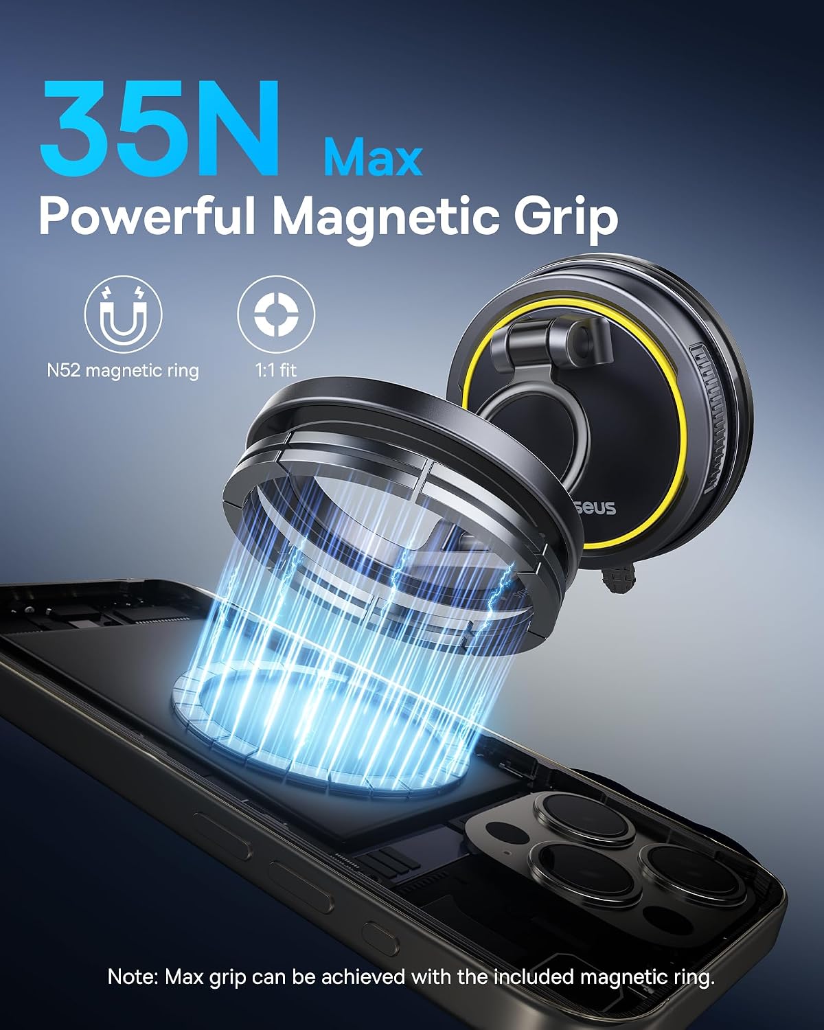 Baseus for Magsafe Car Mount, Vacuum 119LBS Magnetic Suction Cup Phone Holder for Car, 720° Adjustable Foldable Cell Phone Holder with Reusable Washable Gel for Car &