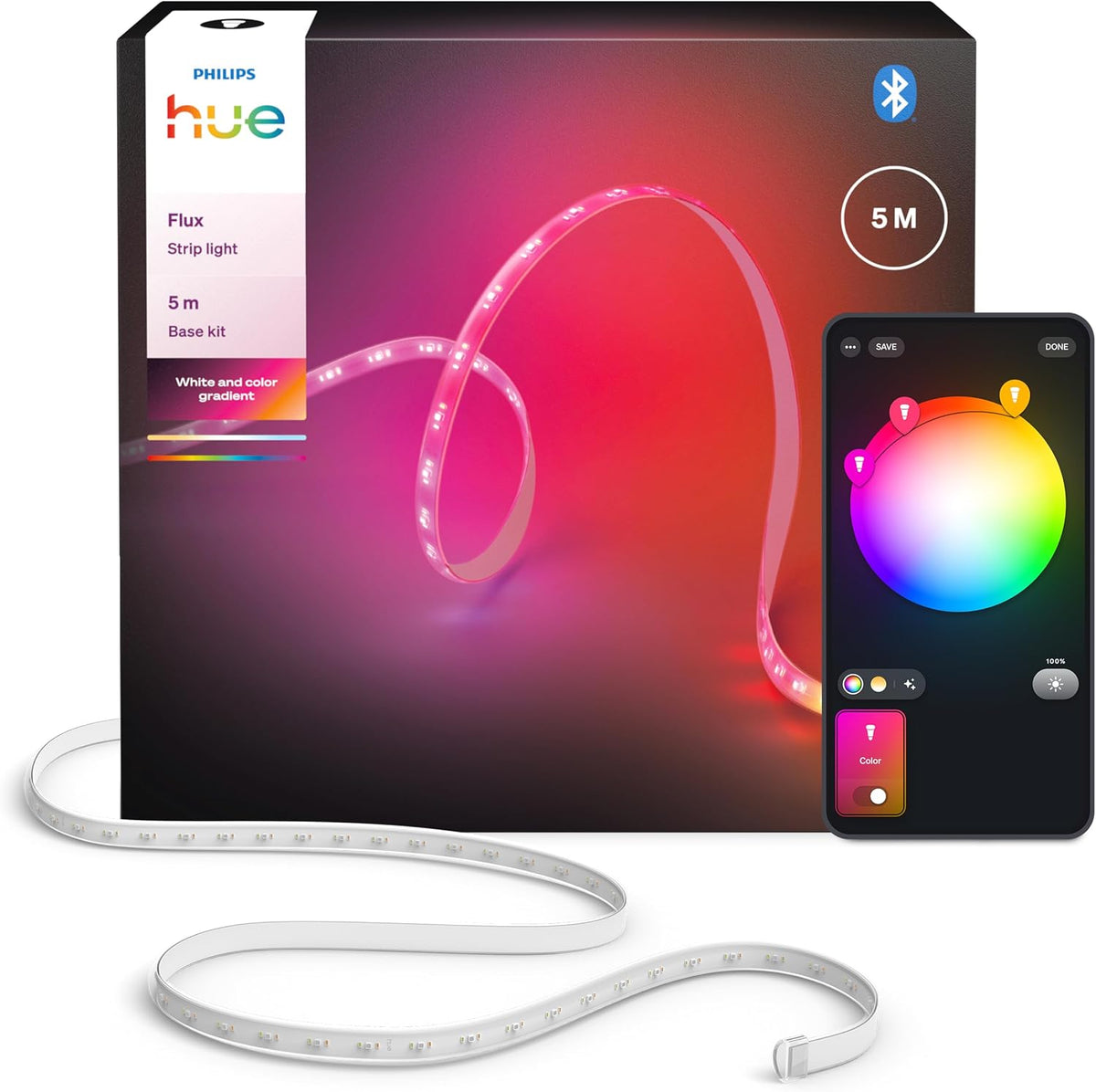 Philips Hue Flux 5m LED Light Strip, 1200 Lumens, Vibrant Colours, Flexible Interior Lighting, Chromasync Colour Mixing, RGBWWIC, Cuttable, Expandable, Reusable, App and Voice Control — White