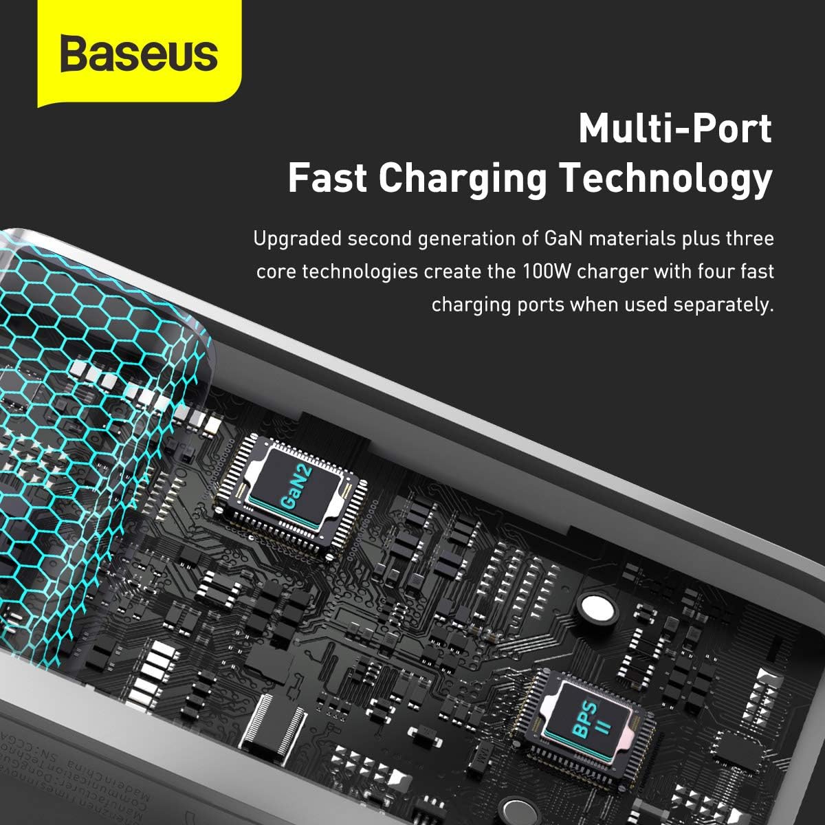 Baseus 100W GaN Charger 4-Port Fast Charging Adapter USB-C PD 3.0 Quick Charger for Laptop, MacBook, iPhone 13 Pro Max, Samsung Galaxy, Xiaomi, Tablets — 100W-EU-2C+2A — White