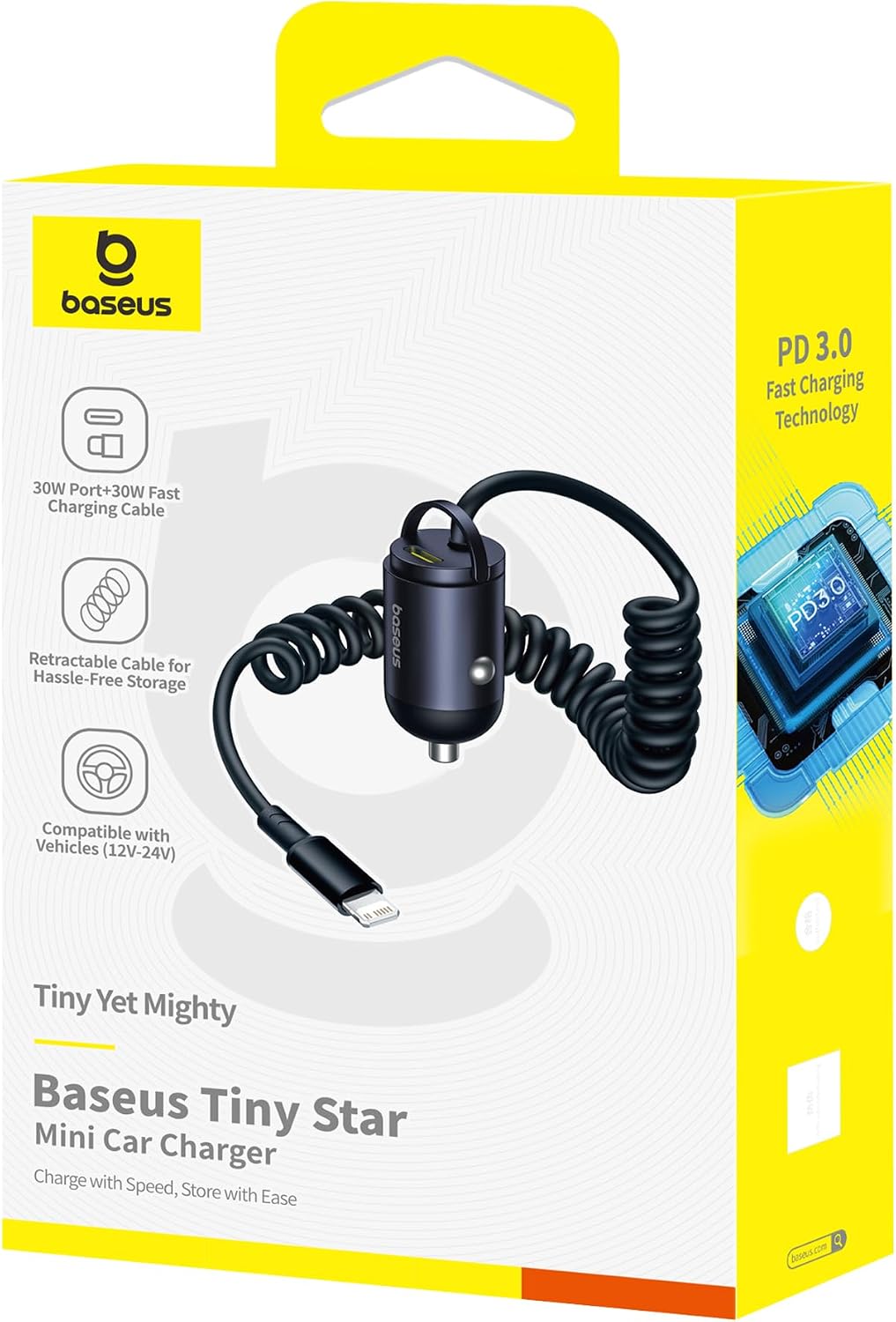 Baseus【1Port - Type C +30W Type L Coiled Cable】USB-C Car Phone Charger, Super Fast PD & QC 3.0 — Black