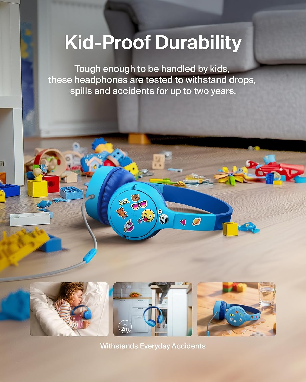 Belkin SoundForm Mini Kids Wired Headphones with USB-C to 3.5mm Dongle, Built-in Mic & Fun Stickers, 85dB Max Volume – for Online Learning, Travel, Compatible with iPhone, iPad, Galaxy, etc - Blue