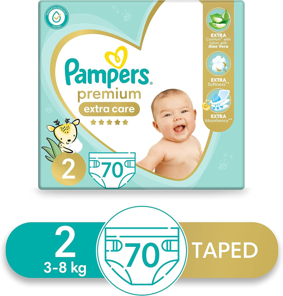Pampers Premium EXTRA CARE Diapers, Size 2, 3-8 kg, with Lotion with Aloe Vera, 70 Baby Diapers