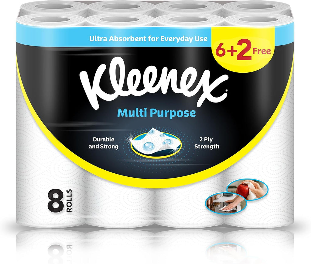 Kleenex Multi Purpose Kitchen Tissue Paper Towel, 2 PLY, 8 Rolls x 40 Sheets, Absorbent Towels for all Surfaces — front product image